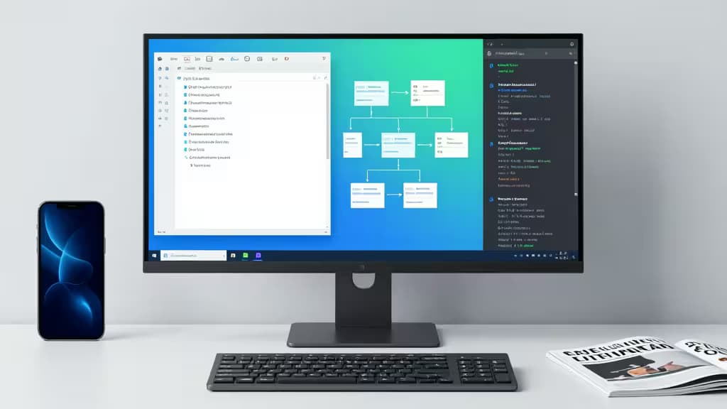 Stanowisko deweloperskie z monitorem wyświetlającym diagramy migracji baz danych, smartfonem i klawiaturą mechaniczną