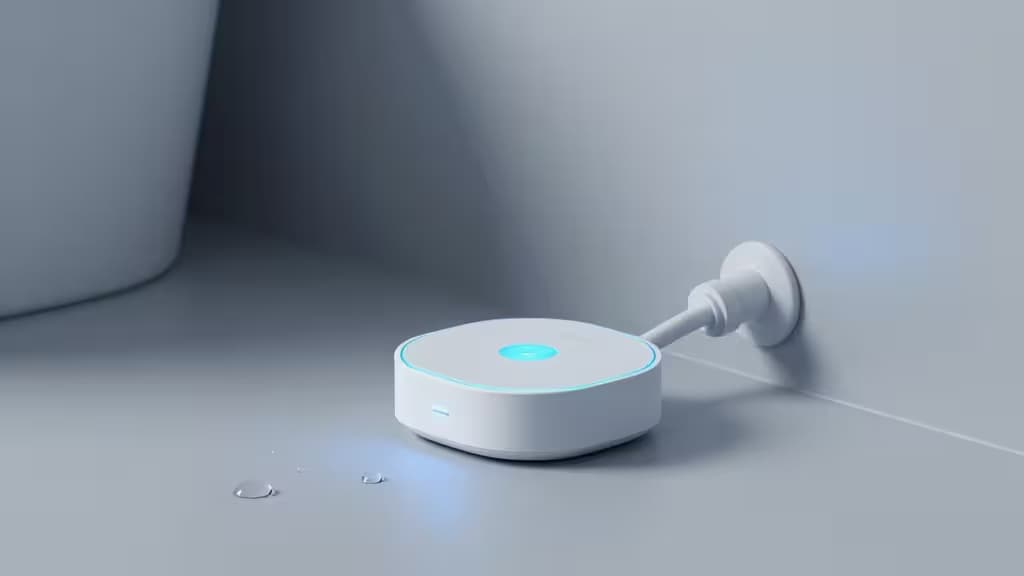 Witte ronde sensor met blauw oplichtende ring staat op een gladde vloer naast waterdruppels, aangesloten op een stopcontact.