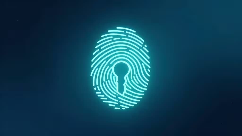 Glowing cyan fingerprint keyhole icon on dark blue background symbolizing biometric passkey security.