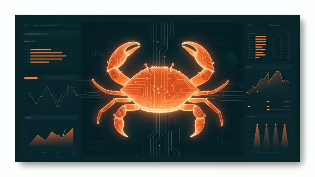 A glowing orange circuit-board crab dominates a dark dashboard filled with data visualizations, symbolizing advanced monitoring tools.