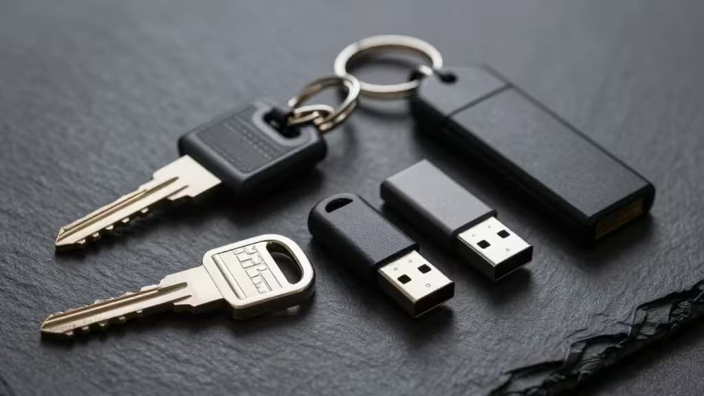 Security keys and USB authentication tokens arranged on a dark slate surface with soft directional lighting highlighting their metallic edges.
