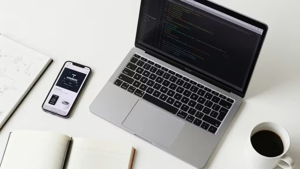 Minimalist desk setup with laptop, smartphone, notebook, and coffee cup in soft natural light.