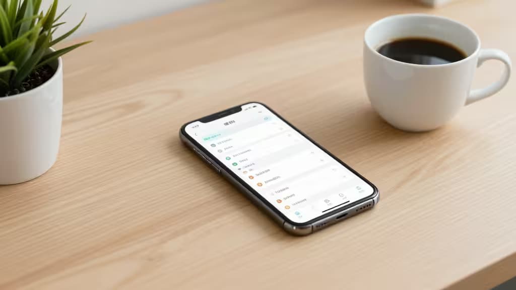 Un smartphone affichant une application financière repose sur un bureau en bois clair à côté d'une tasse blanche et d'une plante en pot.