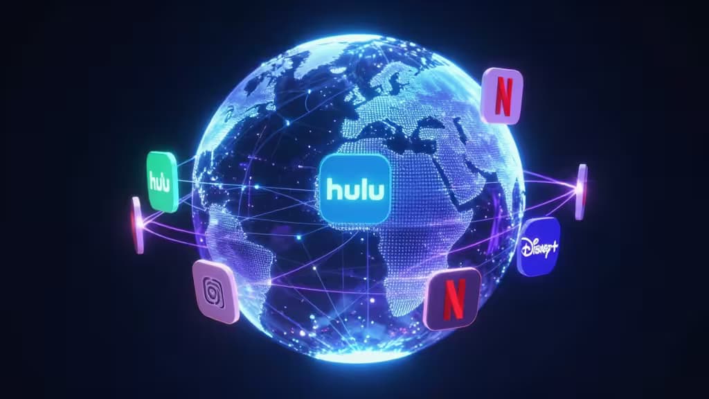 Globe with streaming logos connected by glowing lines, symbolizing global access to US services.