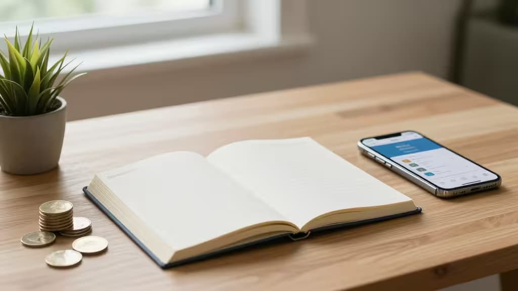An open notebook, coins, and a smartphone displaying a financial app sit on a wooden desk beside a potted plant.