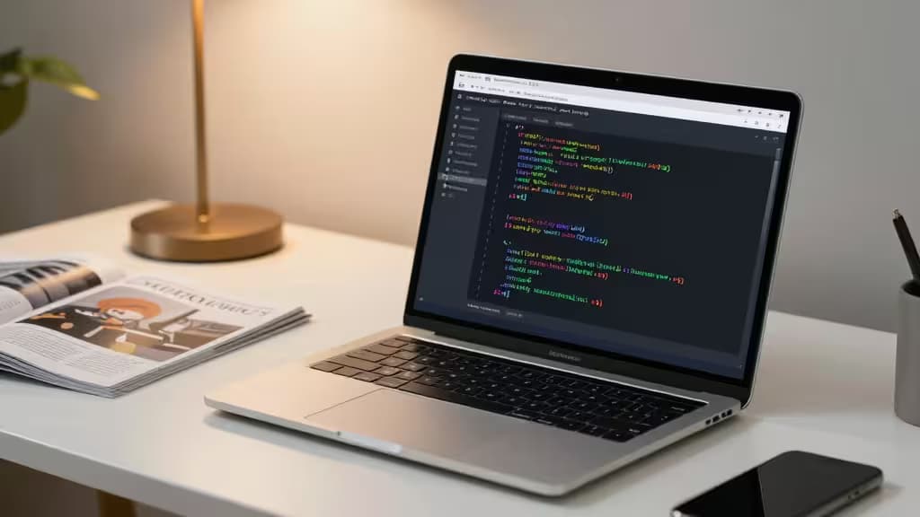 Desenvolvedor trabalhando em código Python em um laptop com interface de code review aberta, iluminação ambiente profissional