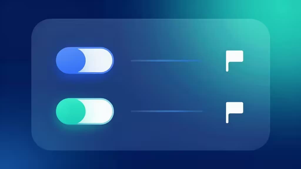Glassmorphic UI panel with blue and green toggle switches and flag icons on gradient background.