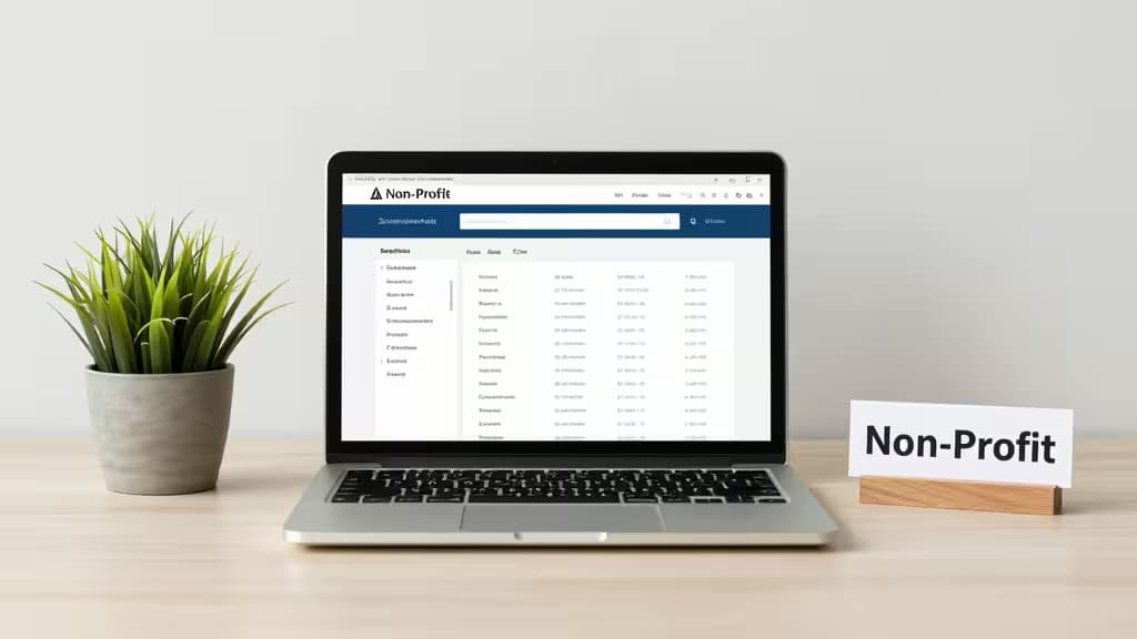 Laptop displays non-profit banking interface beside potted plant and 'Non-Profit' sign on minimalist desk.