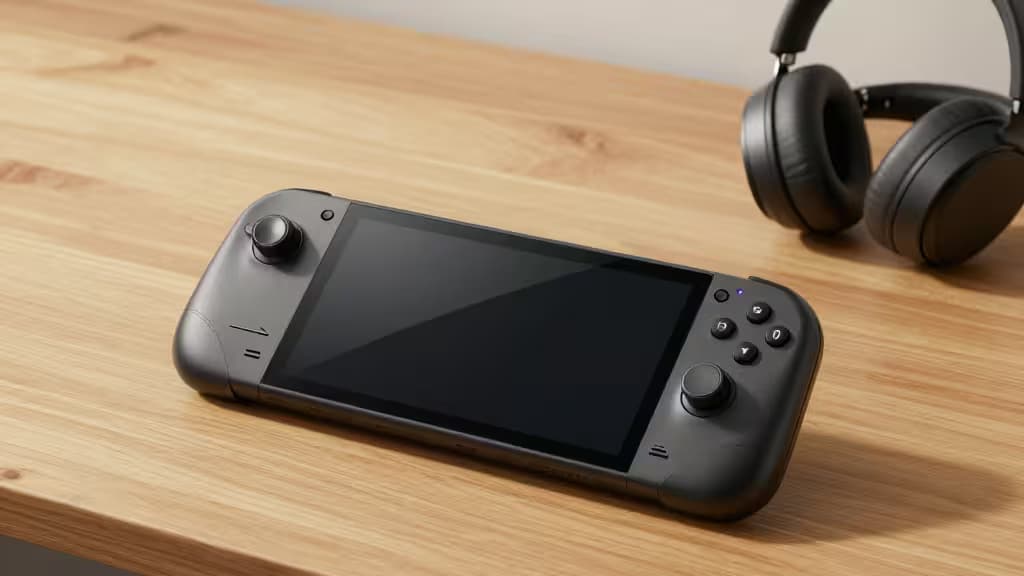 Black wireless headphones rest beside a Steam Deck on a light wood desk.