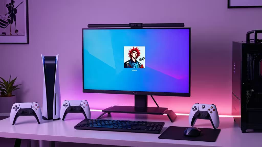 Un moniteur 4K affichant un artwork animé, encadré par une manette PS5 et une manette Xbox, baigné dans une lumière LED violette.