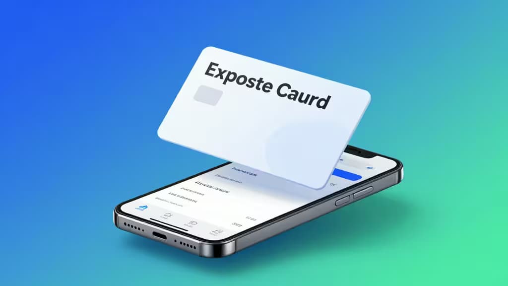 Cartão corporativo flutuante sobre smartphone com interface de gestão de despesas e digitalização de recibos.