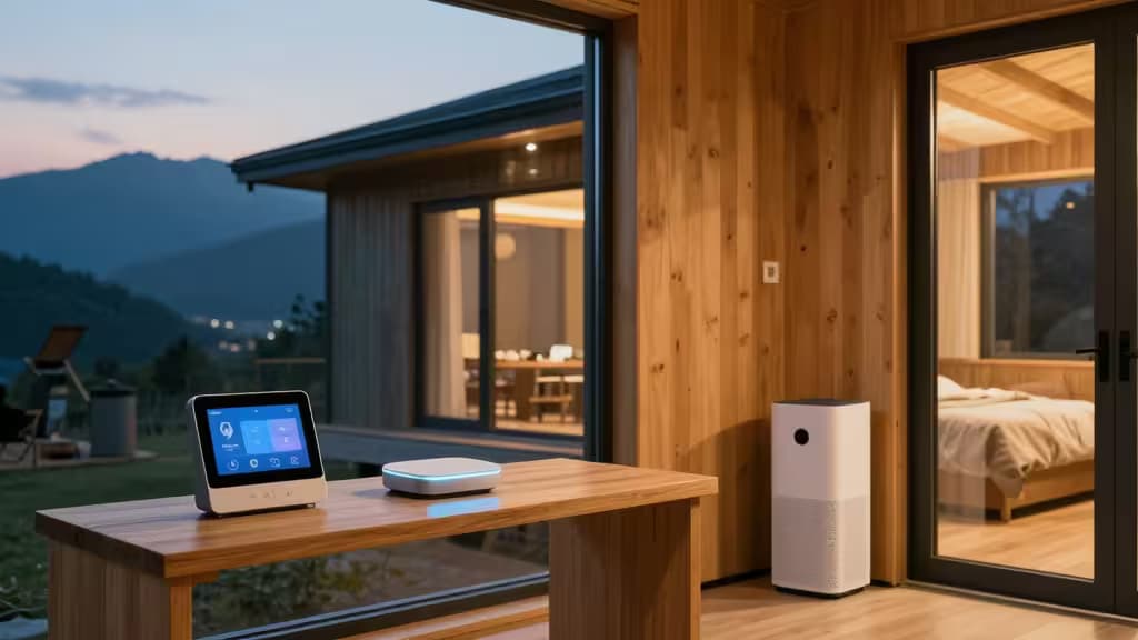 Wooden deck features smart hub and sensor beside glass doors framing mountain cabin interior at dusk.
