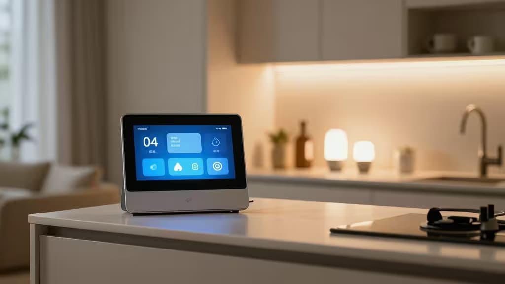 Ein schlankes Smart-Display auf einer weißen Arbeitsplatte zeigt visuelle Benachrichtigungen, während im Hintergrund smarte Glühbirnen als Alarme blinken.