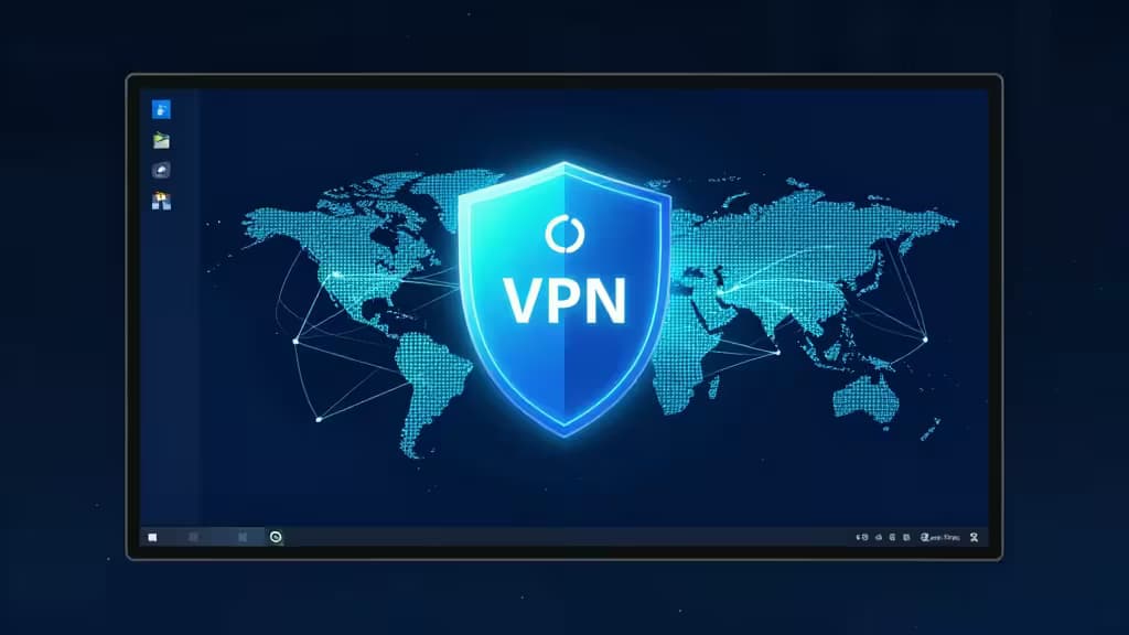 Щит VPN с глоу-эффектом на фоне рабочего стола Windows 11 и карты мира.