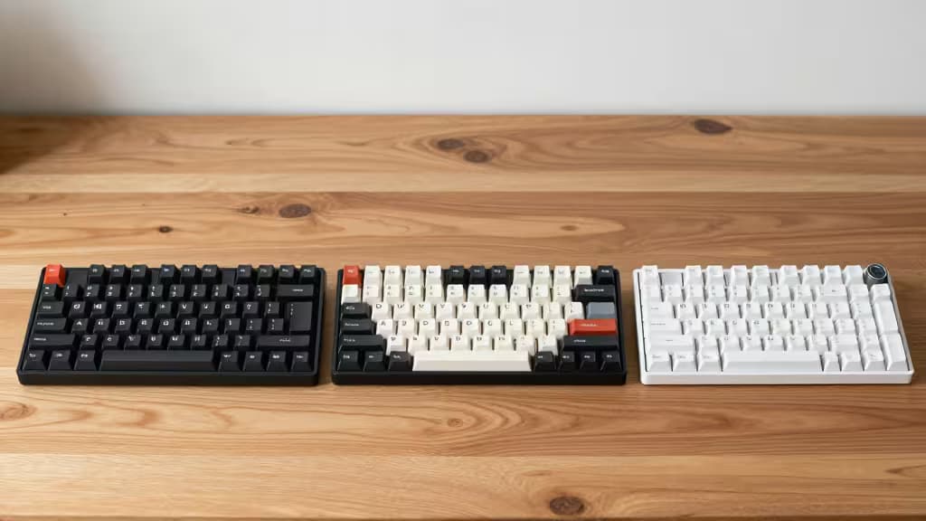 Tre tastiere meccaniche compatte su scrivania in legno chiaro, con layout e keycap di diversi colori, illuminazione soffusa.