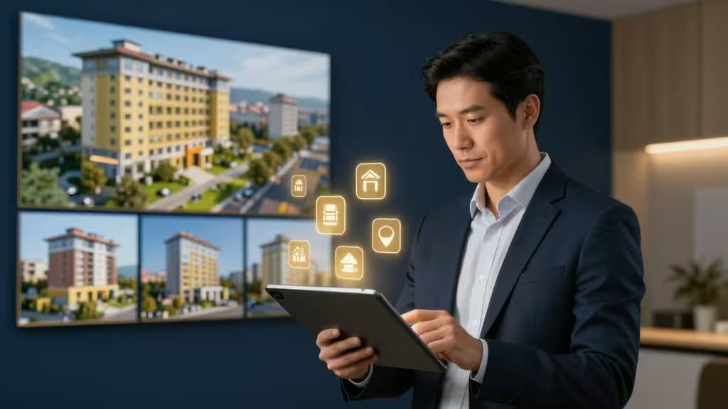 Corretor de imóveis usando um tablet com ícones de inteligência artificial flutuando, sobre fundo com planta baixa e fotos de casas, em estilo editorial sofisticado.
