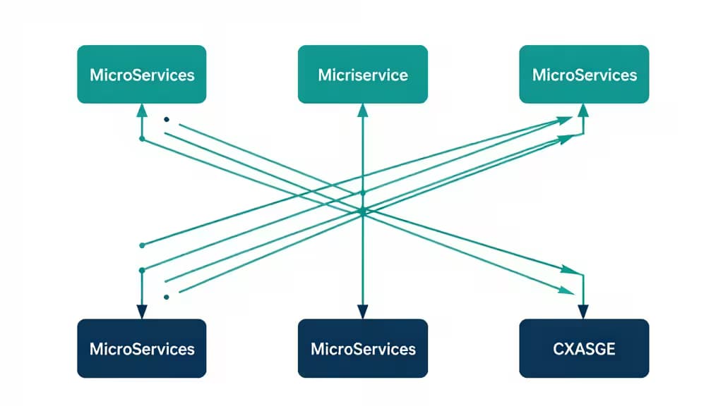 Teal and navy microservice nodes interconnected by arrows, illustrating API monitoring tool relationships.