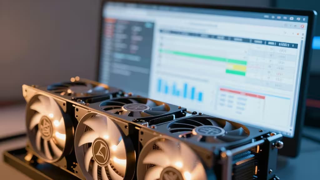 Glowing mining rigs sit before a laptop displaying crypto tax software interface.