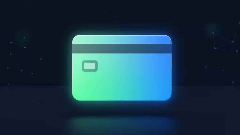 Eine leuchtende grün-blaue kartenförmige Hardware-Wallet schwebt vor einem dunklen Hintergrund mit dezenten Netzwerkknoten.