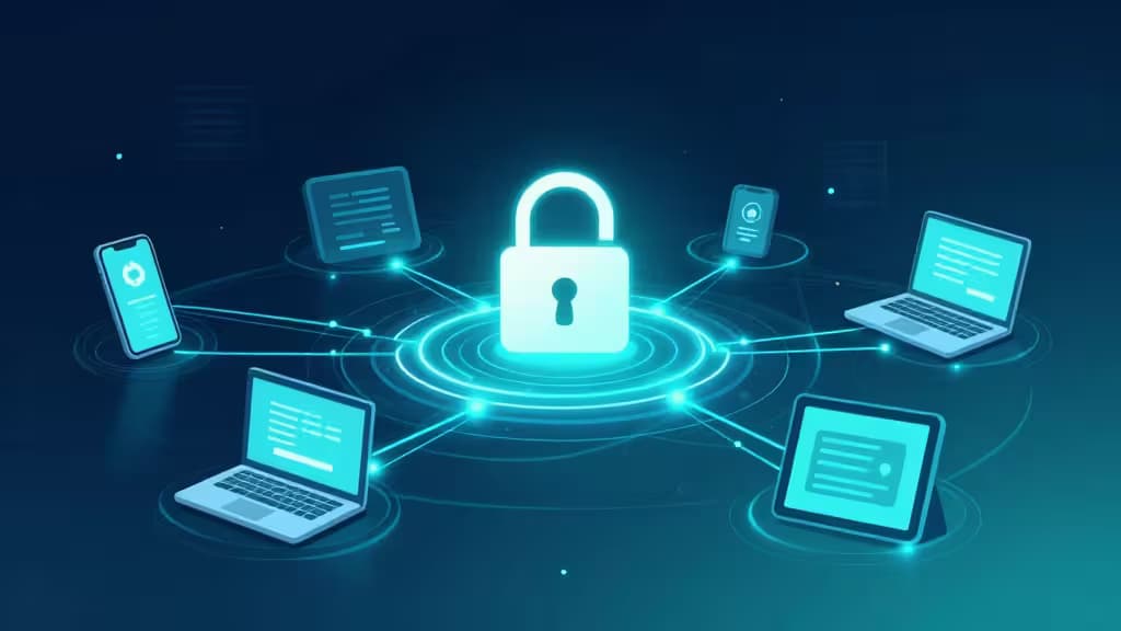 Glowing padlock connects laptops, tablets, and phones via luminous data streams on a dark blue background.