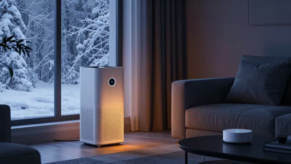 Un purificatore d'aria luminoso e uno smart hub accanto a una finestra innevata in un soggiorno accogliente.