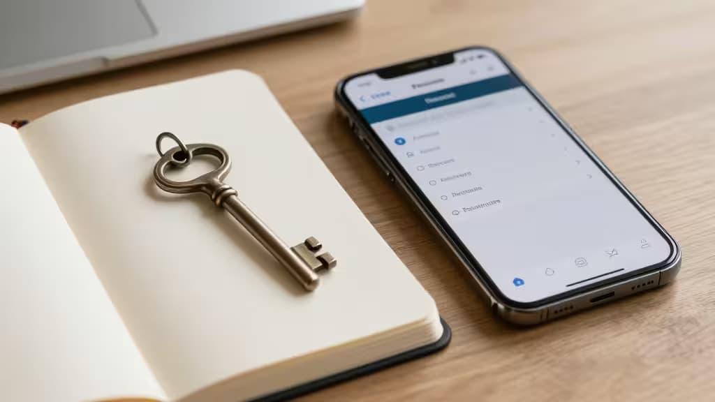 Een antieke koperen sleutel ligt op een open notitieboek naast een smartphone met een wachtwoordmanager-app op het scherm.
