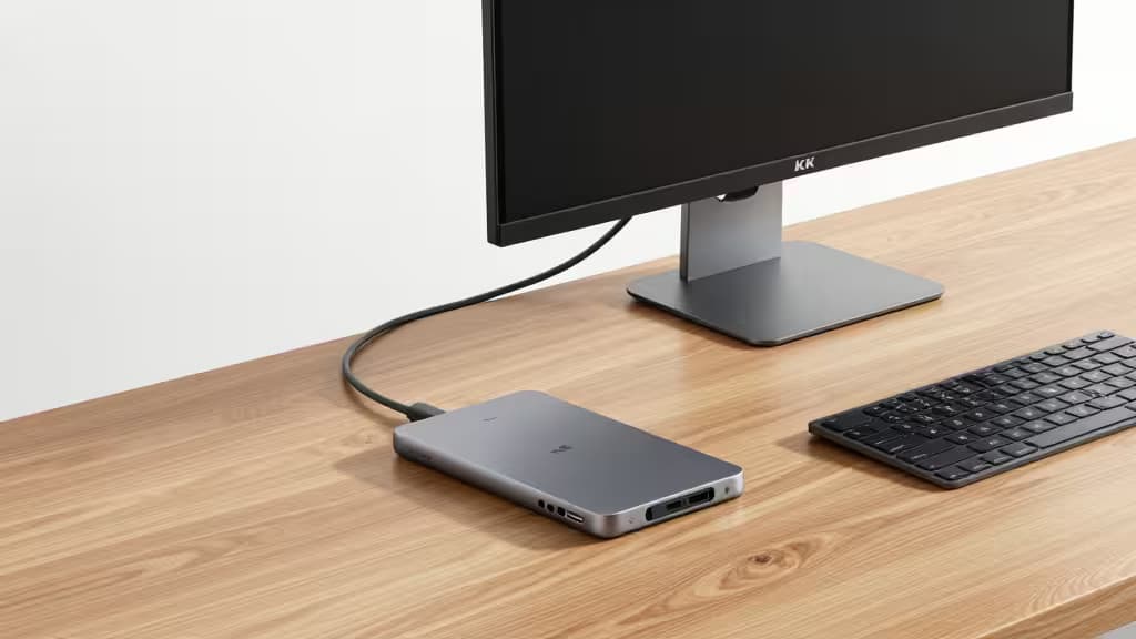 iPad Pro connecté à un hub USB-C sur un bureau moderne avec un écran 4K externe, un clavier et une souris, éclairage studio doux