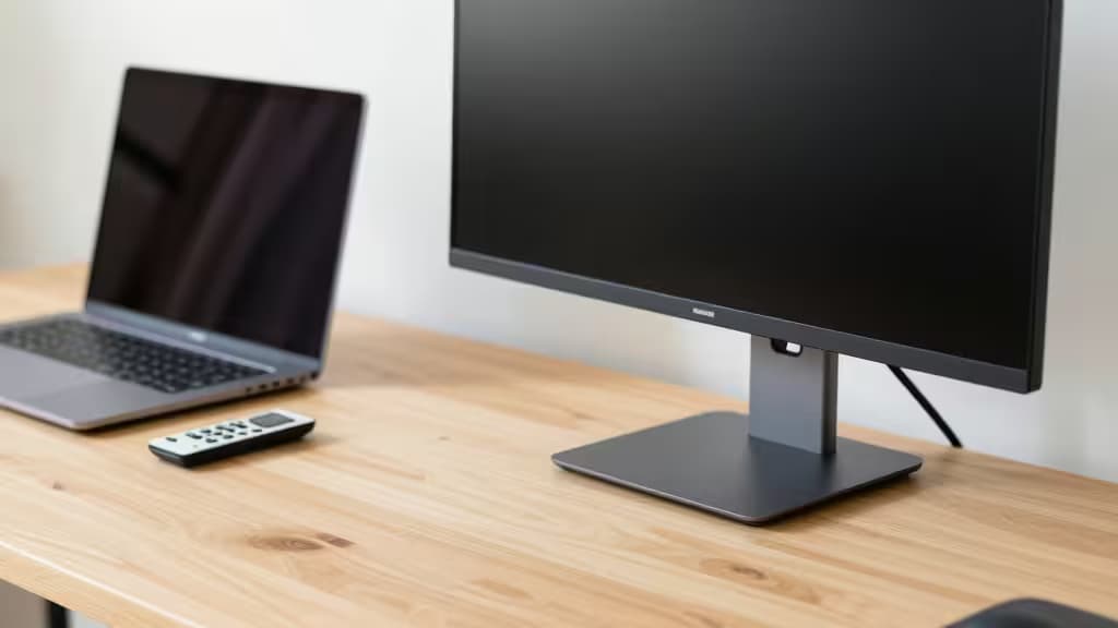 A portable monitor sits on a wooden desk beside a laptop, ready for remote work.