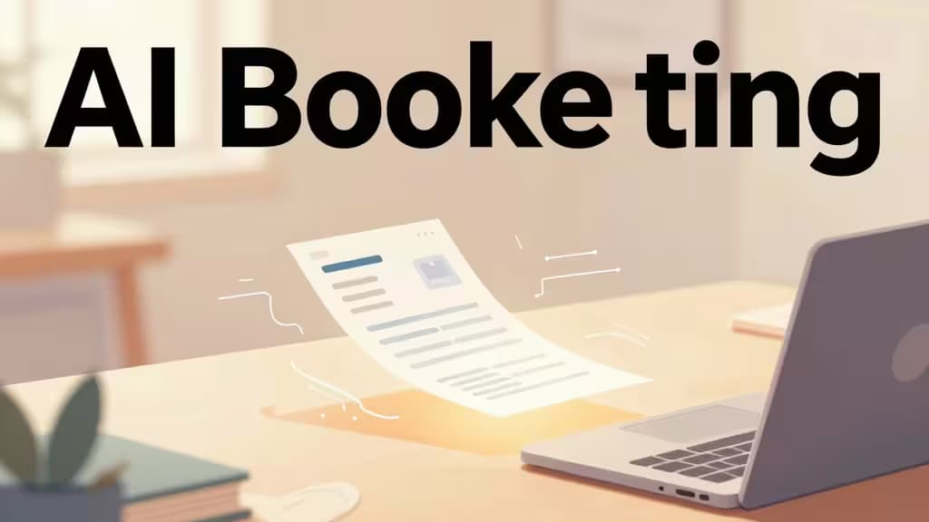 Floating invoice glows above laptop, symbolizing AI bookkeeping software automating small business financial data extraction.