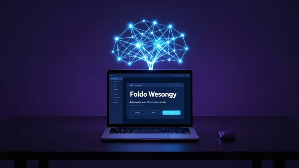 A sleek laptop on a dark desk displays 'Foldo Wesongy,' with a glowing blue neural network hovering above.