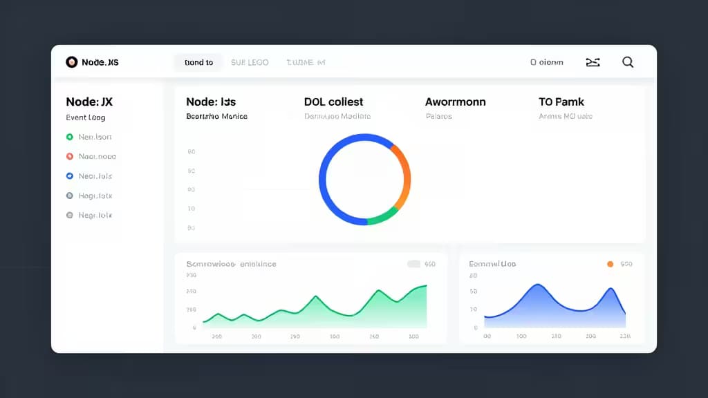 A sleek dashboard UI displaying Node.js performance metrics with colorful charts and real-time data visualizations.