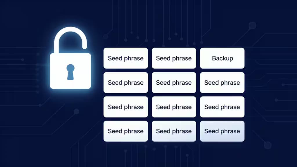 Glowing padlock beside twelve white "Seed phrase" and "Backup" cards on dark circuitry background.