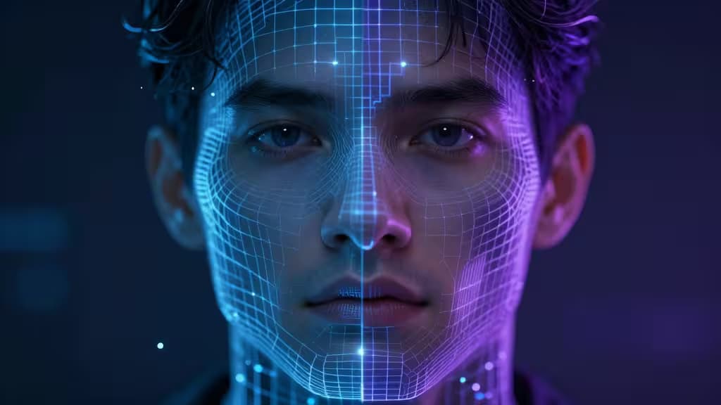 Portrait d'un homme avec un quadrillage numérique, éclairage bleu et violet divisé, symbolisant la technologie de face swapping par IA.