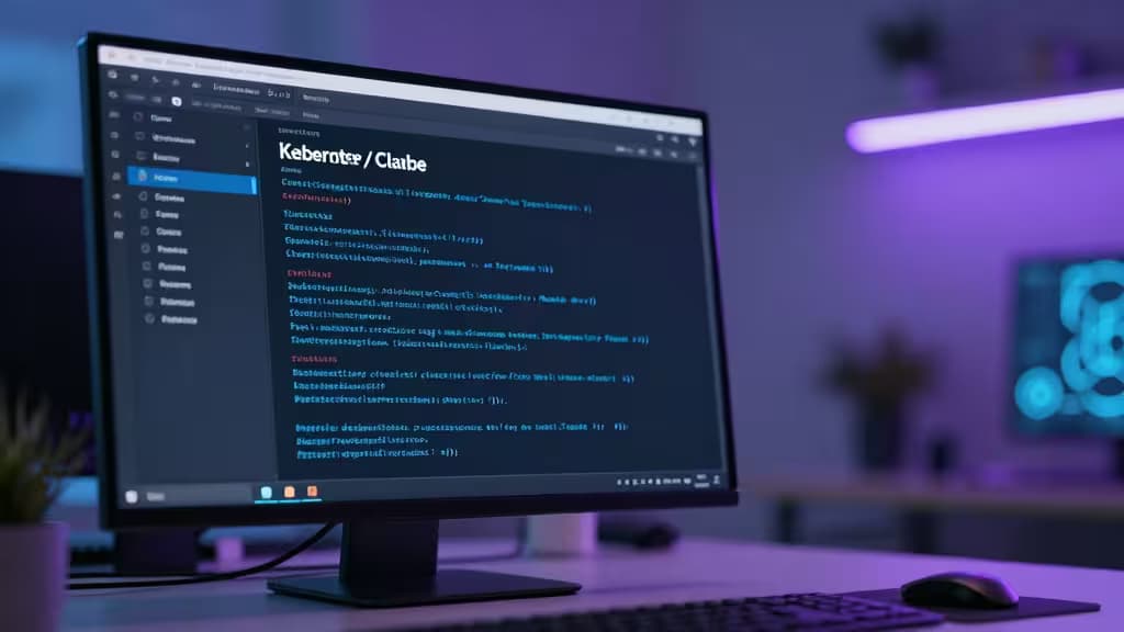 Een gloeiend monitor toont Kubernetes-code, omringd door paarse sfeerverlichting en een strak toetsenbord.