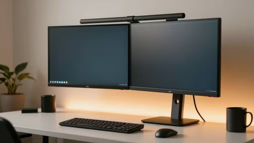 Dual monitors mounted on a sleek black vertical arm, set against warm ambient lighting.