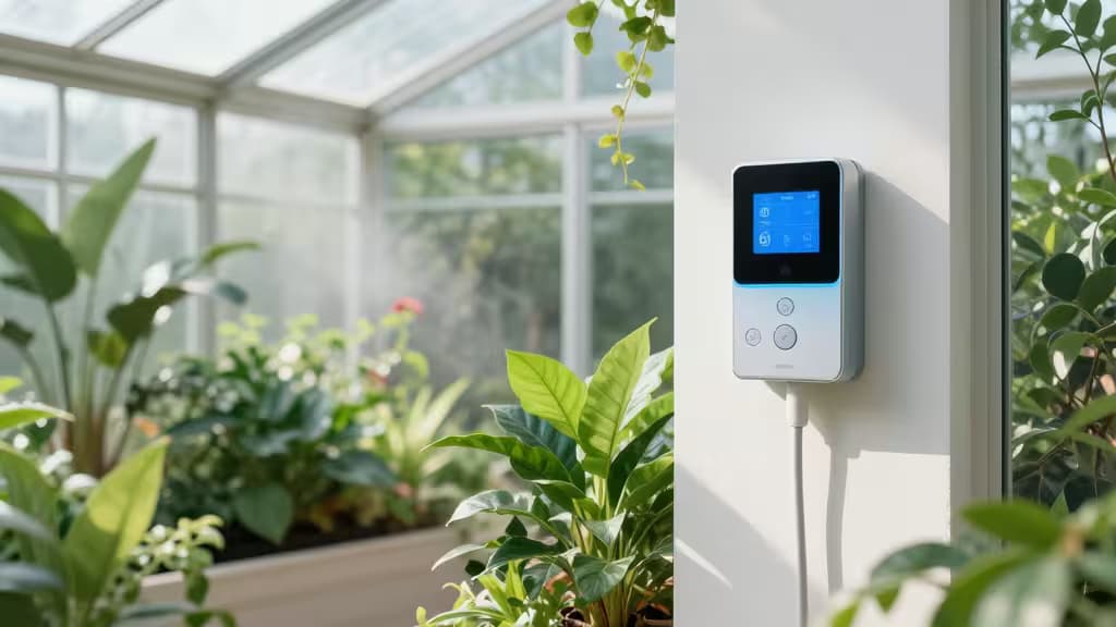 Smart irrigation controller mounted on white wall beside lush green plants in sunlit greenhouse.