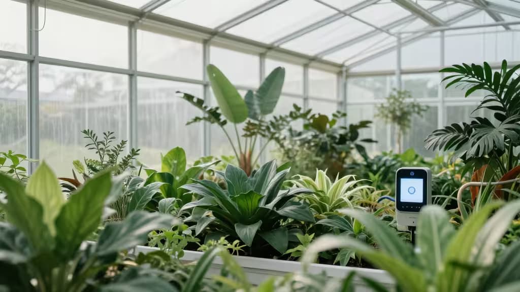 A bright greenhouse interior with lush green plants, soft morning light through glass panels, and subtle smart automation sensors visible among the foliage.