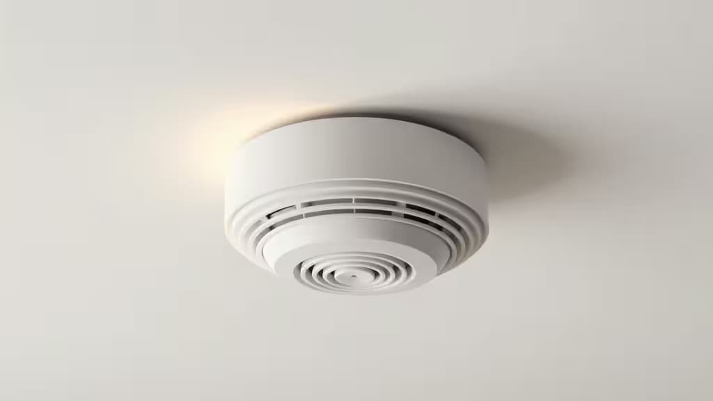 A modern white smart smoke detector mounted on a clean ceiling, softly lit in a minimalist smart home setting.