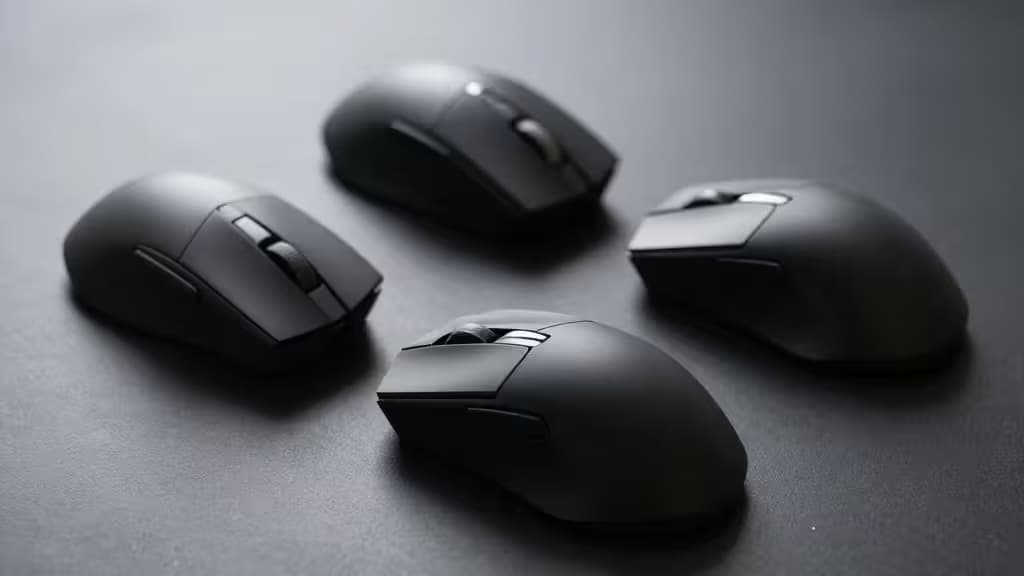 Four compact black gaming mice arranged on a dark textured surface.