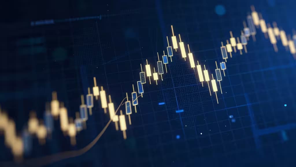 Glowing candlestick chart on digital grid, symbolizing automated crypto trading bots for beginners in 2024.