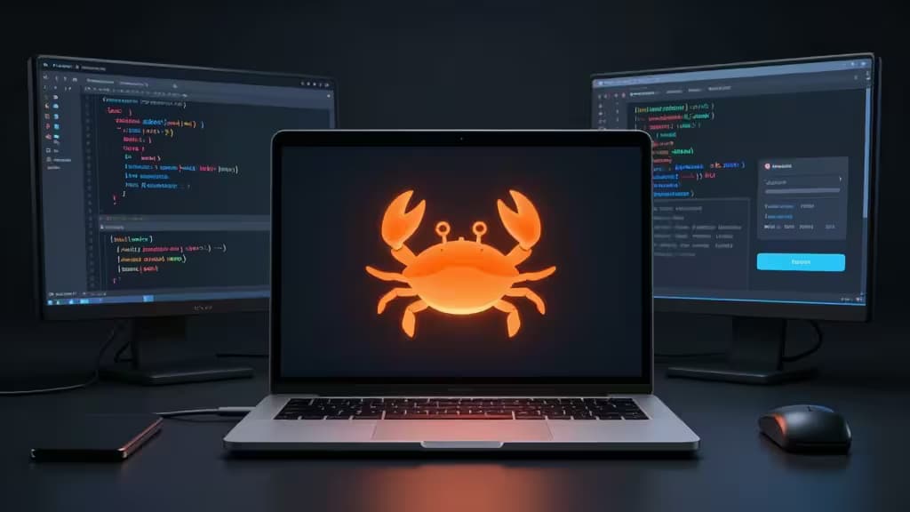 Ein Laptop mit einem leuchtend orangefarbenen Rust-Crab-Logo, flankiert von zwei Monitoren mit Code, auf einem dunklen Schreibtisch.