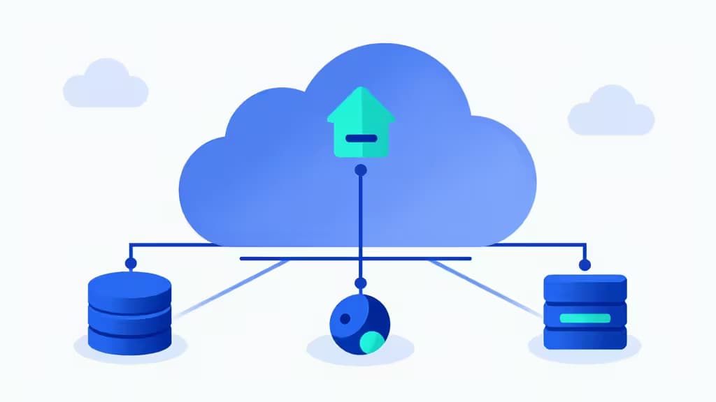 Abstract illustration of cloud backend infrastructure with geometric shapes representing databases, authentication, and serverless functions connected by clean lines in deep blue and teal
