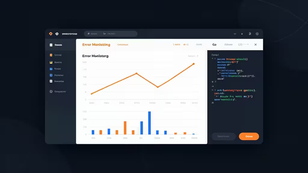 Dark UI dashboard displays Go error monitoring with orange charts and code snippets.