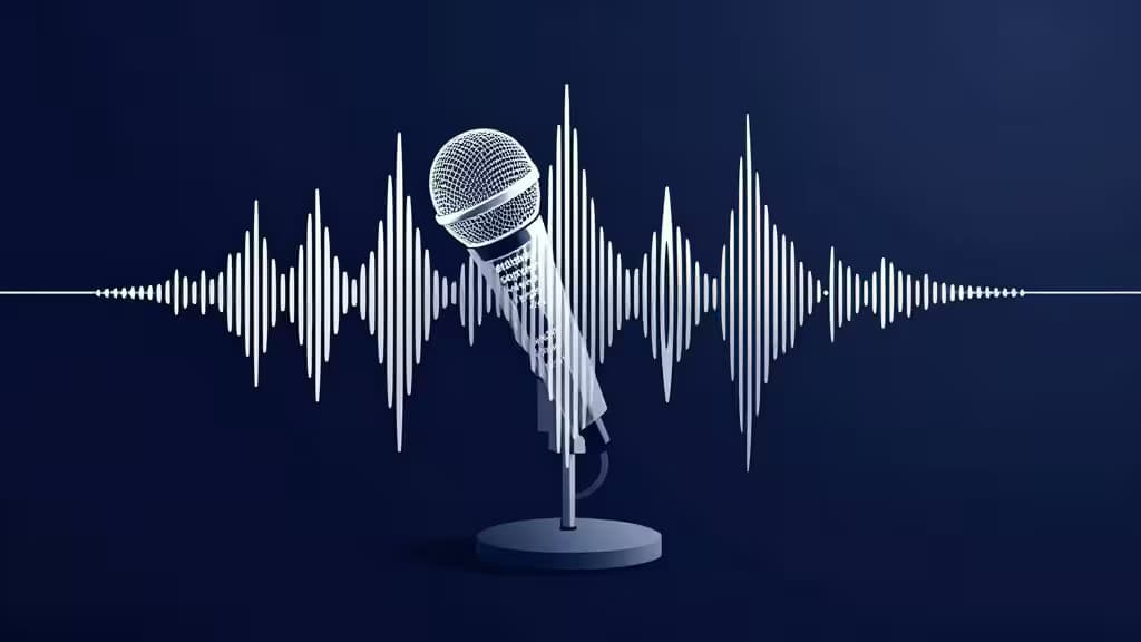 White microphone on stand, overlaid with digital audio waveform, against deep blue background.