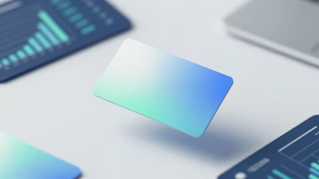 A modern corporate business card floating above a clean desk with abstract financial dashboard elements in soft blue and green lighting