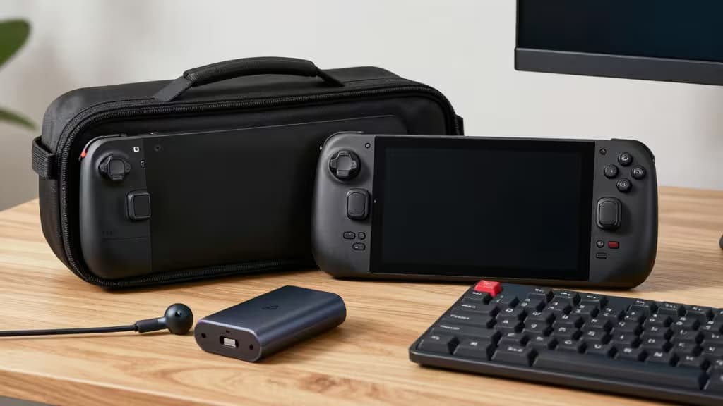 Black Steam Deck, carrying case, power bank, and earbuds on wooden desk.