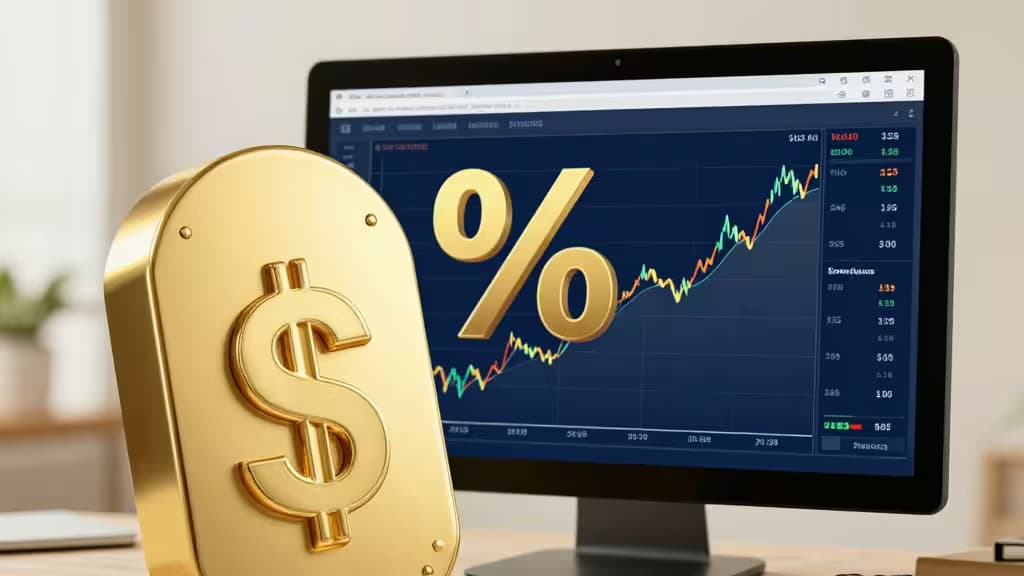 Moeda de ouro e símbolo de porcentagem flutuando diante de um monitor com gráfico de criptomoedas, representando investimento em Crypto IRA para aposentadoria