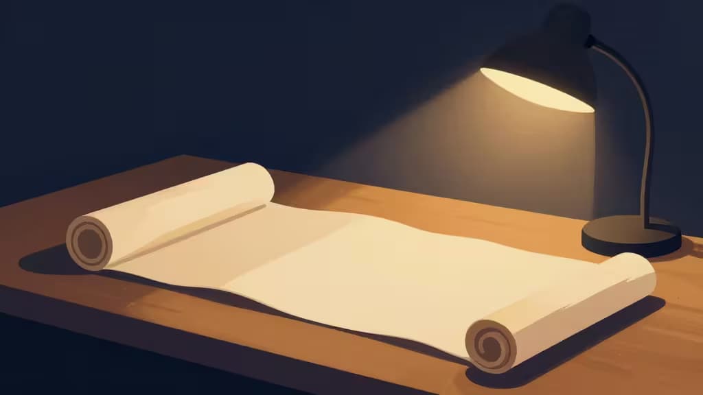 A long manuscript unfurls across a wooden desk, illuminated by a warm desk lamp in a dimly lit room.
