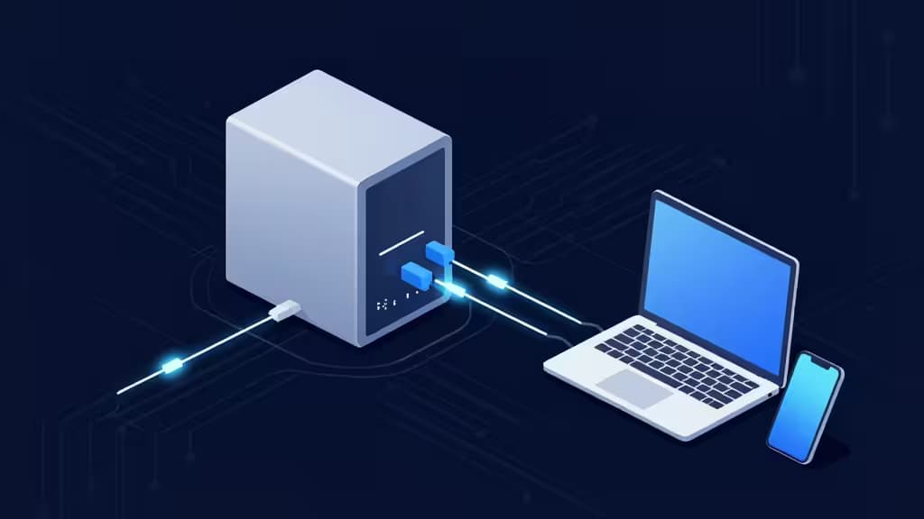 Abstract illustration of a secure home network with a NAS server connected by glowing encrypted tunnels to a laptop and smartphone