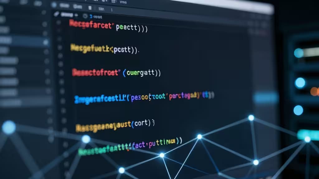 Glowing code lines on a dark screen, overlaid with network nodes, symbolizing Rust web framework performance.